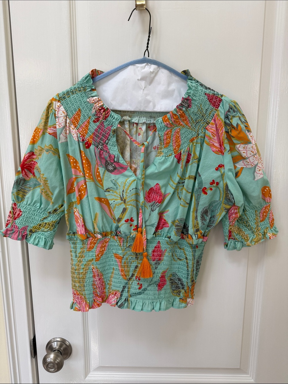 Spartina 449 Mint Green Floral Smocked Peasant Top